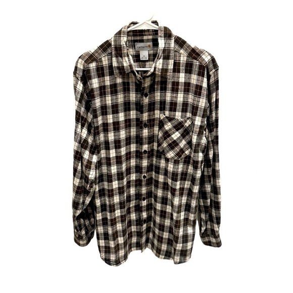 Carhartt Shirt Men’s Medium Long Sleeve Button Down Plaid Check Brown White - Picture 1 of 3